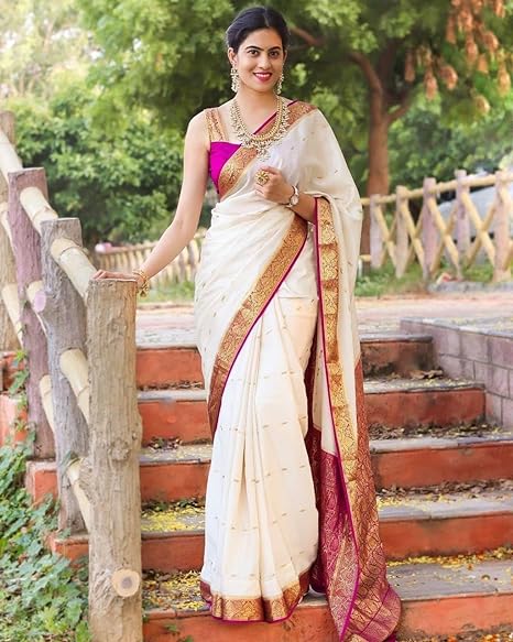 Women's Kanjivaram Jacquard Cotton Silk Fashion Saree With Unstitched Blouse Piece