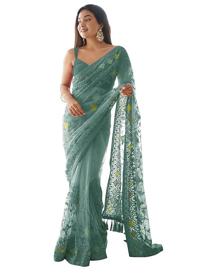 Women's Net Woven Design Saree With Unstitched Blouse Piece