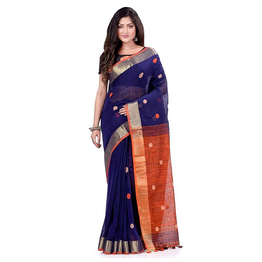 Women`s Pure Cotton Traditional Bengali Tant Handloom Cotton Saree Round Desigined With Blouse Piece