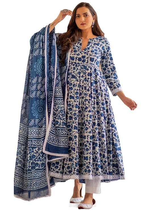 GoSriKi Women's Rayon Blend Anarkali Printed Kurta with Pant & Dupatta