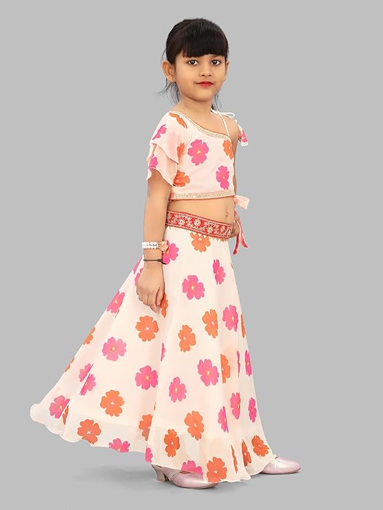 rawah Kids Girls Beautiful Georgette Silk Lehenga Choli | Embroidered Full Stitched Lehenga Set (Suitable For Girls 2 To 8 Years