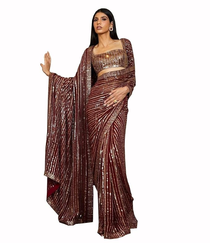 Monrav Women`s georgette Sequins Fancy Saree With Blouse Piece