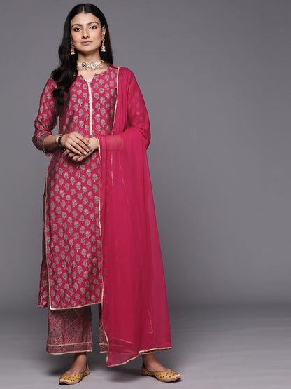 Women Magenta Floral Printed Gotta Patti Kurta with Palazzos & With Dupatta