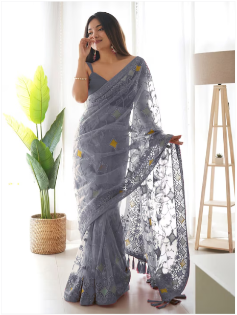 Saree mall Grey & Yellow Ethnic Motifs Embroidered Net Saree