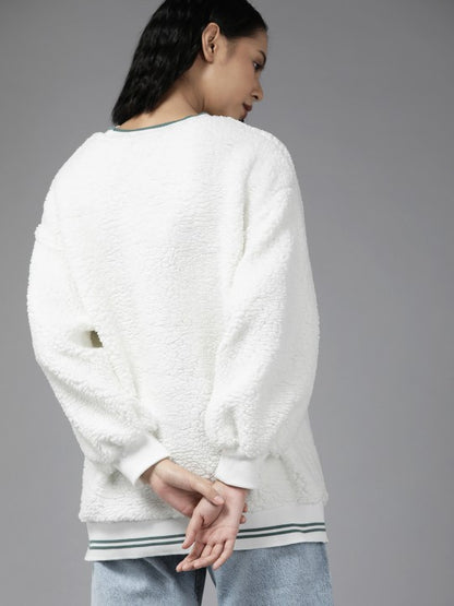 Women White Embroidered Sherpa Sweatshirt