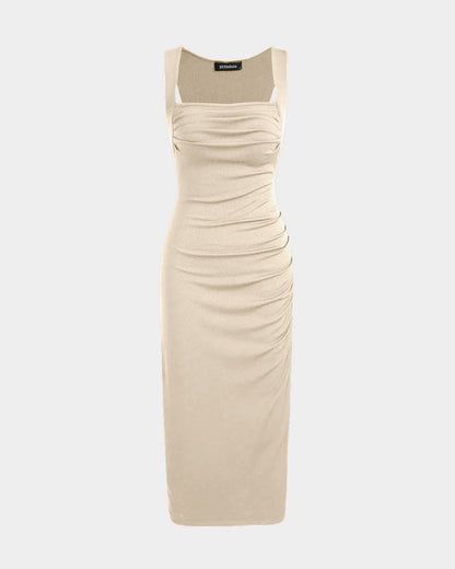 Square Neck Ruched Sleeveless Midi Dress