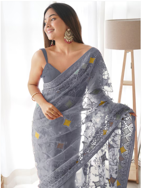 Saree mall Grey & Yellow Ethnic Motifs Embroidered Net Saree