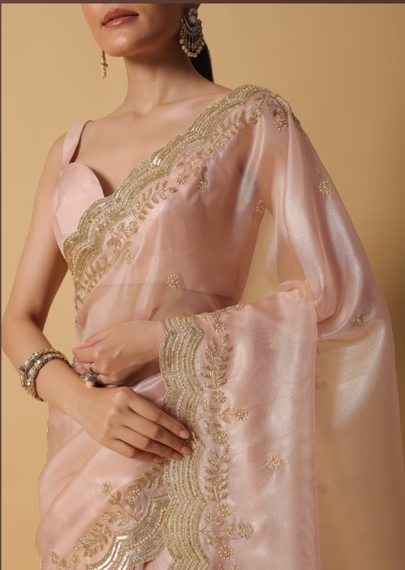 Gold Toned Tissue Saree With Cut Dana Embroidered Borders