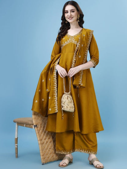 Ethnic Motifs Embroidered Anarkali Kurta & Palazzos With Dupatta