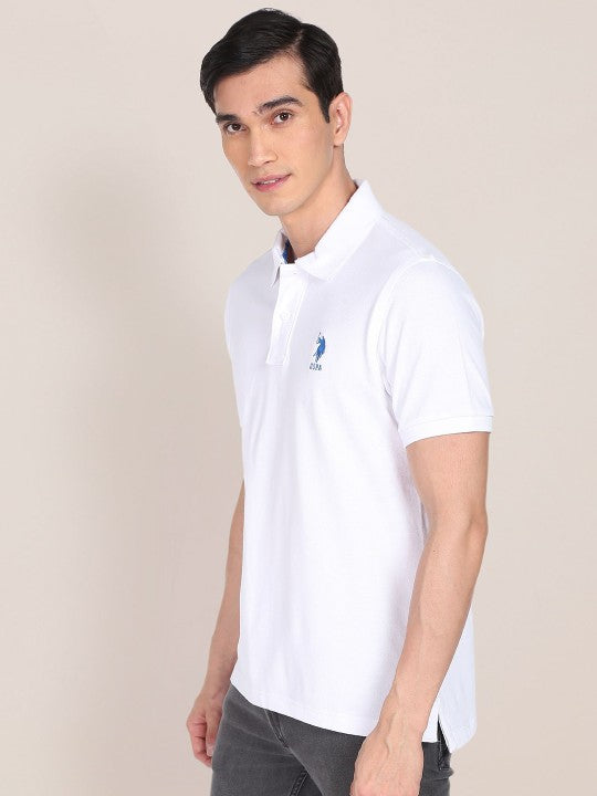 Men White Solid Polo Collar Pure Cotton Slim Fit T-shirt