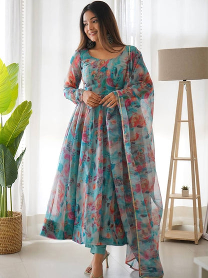 Floral Printed Tabby Organza Anarkali Kurta & Dupatta