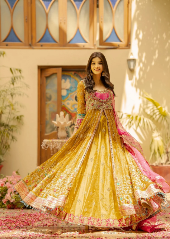 Frock Lehenga Yellow Pakistani Bridal Dress For Mehndi