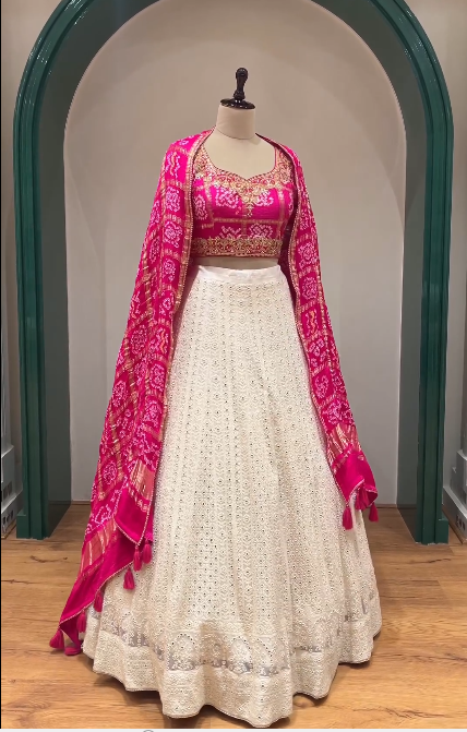 Off-White Thread Embroidered Georgette Mehendi Lehenga