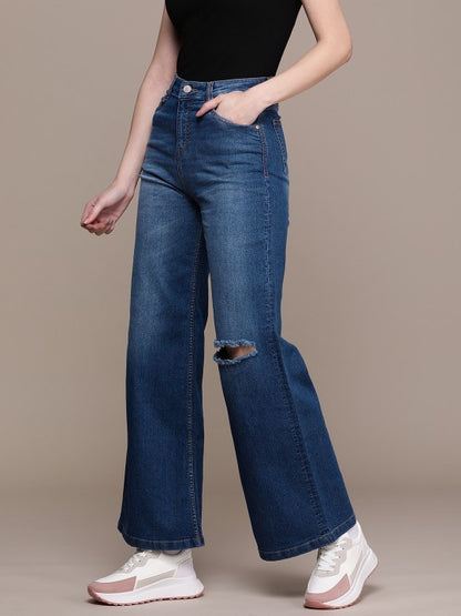 The Life Co Women. Wide Leg High-Rise Slash Knee Light Fade Stretchable Jeans