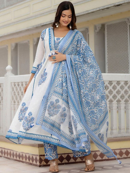 Square Neck Floral Printed Anarkali Kurta with Palazzo & Dupatta