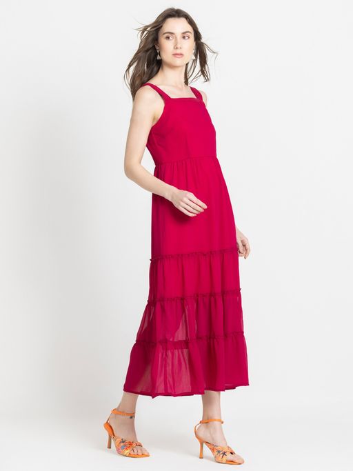 Square Neck Pink Solid Sleeveless Casual Midi Dress for Women