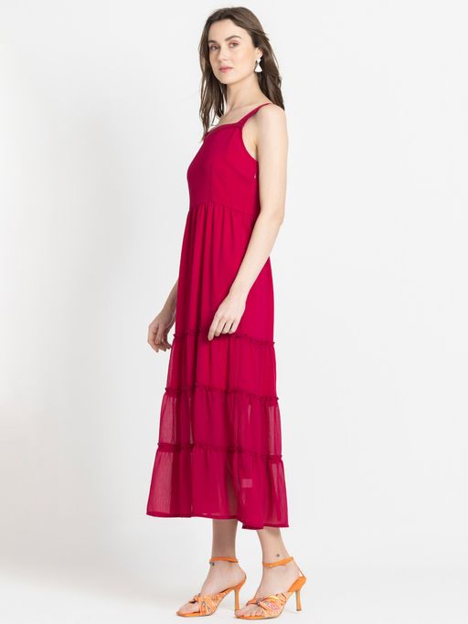 Square Neck Pink Solid Sleeveless Casual Midi Dress for Women