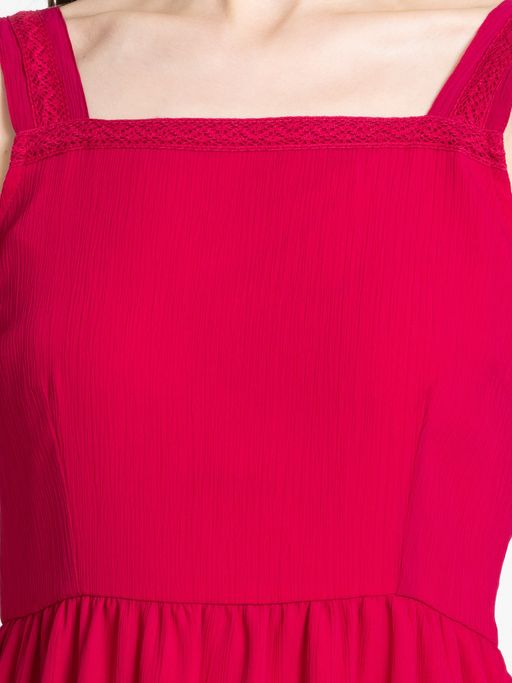 Square Neck Pink Solid Sleeveless Casual Midi Dress for Women