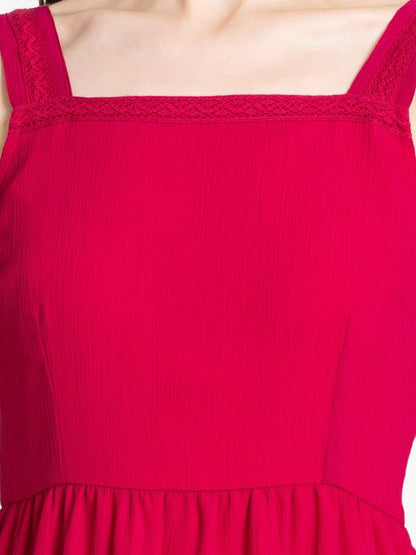 Square Neck Pink Solid Sleeveless Casual Midi Dress for Women