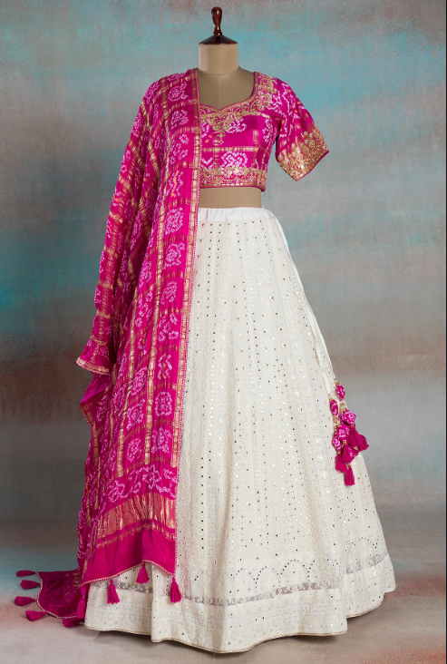 Off-White Thread Embroidered Georgette Mehendi Lehenga