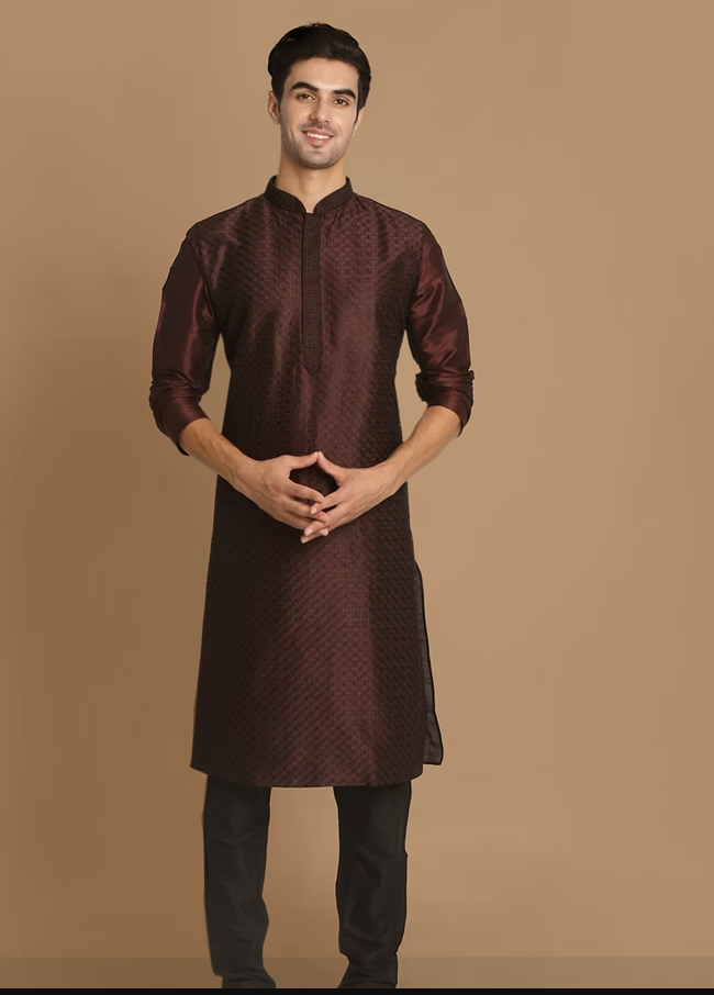 Wine Self Design Kurta With Black Churidar image number 1 Wine Self Design Kurta With Black Churidar image number 2 Wine Self Design Kurta With Black Churidar