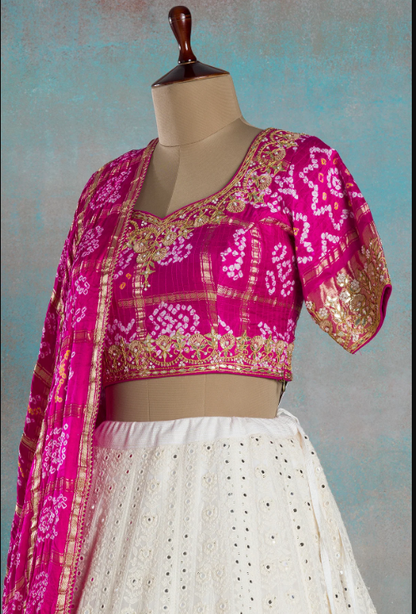 Off-White Thread Embroidered Georgette Mehendi Lehenga