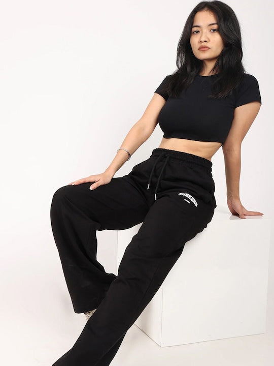 Women Black Mid-Rise Wide Leg Track Pants