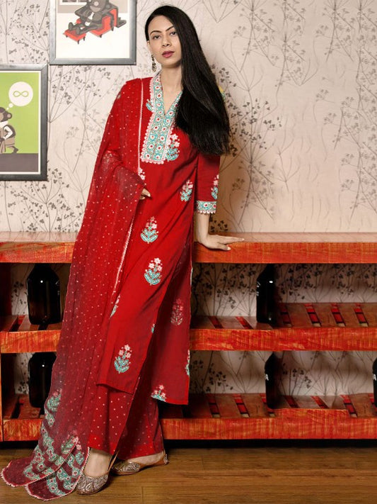 Floral Printed V-Neck Straight Kurta With Palazzos And Dupatta