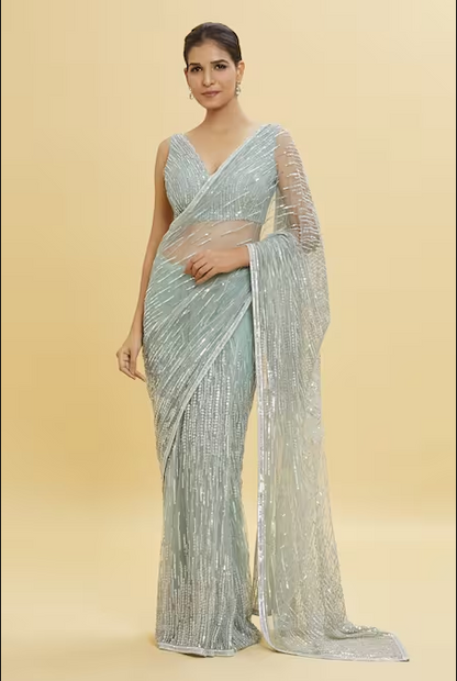 Green Net Embellished Sequins V Neck Linear Saree With Blouse For Women