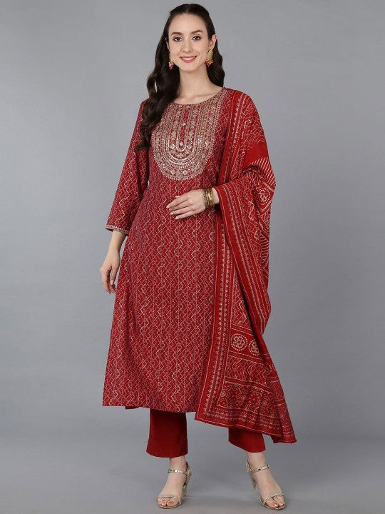 Bandhani Embroidered Regular Sequinned Straight Kurta With Trousers & Dupatta