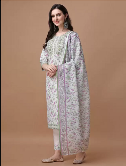 TRAHIMAM  Women Cotton Blend Kurta Pant Dupatta Set