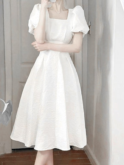 White Self Design Square Neck Puff Sleeves Fit & Flare Midi Dress