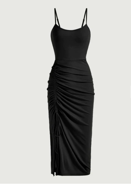 Solid Color Ruched Drawstring Midi Dress In Black