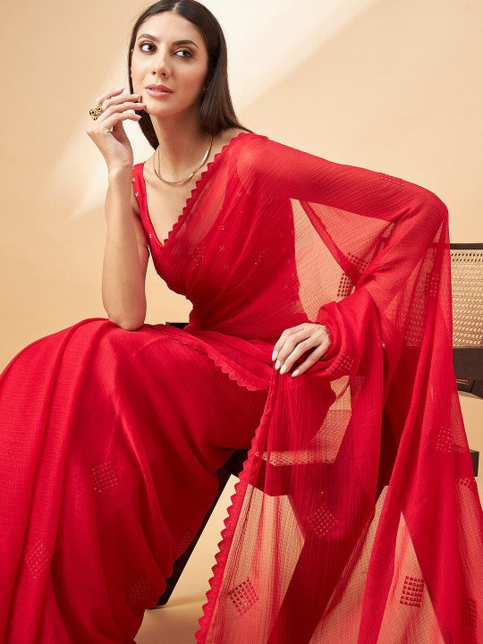 Red Geometric Embroidered Pure Chiffon Saree