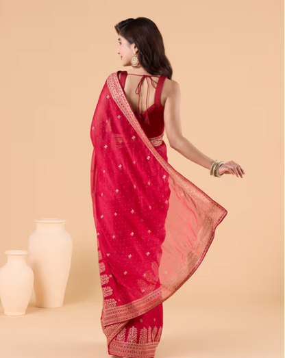 Love Defined Red Georgette Embroidered Party Saree and Unstitched Blouse