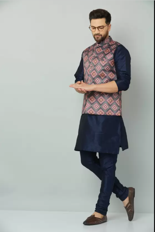 abeer fashion  Men Pure Silk Kurta Churidar Ethnic Jacket Set