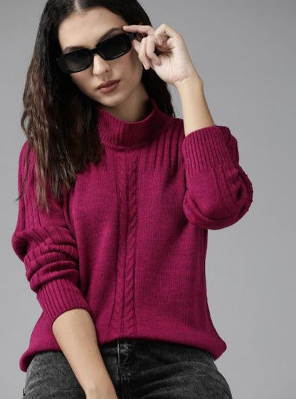 Women Magenta Cable Knit Acrylic Pullover