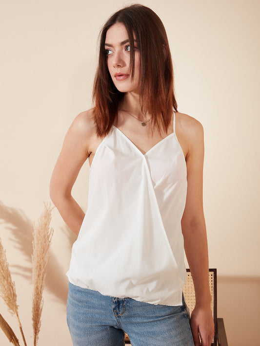 Berrylush Women Solid White V-Neck Sleeveless Curved Hem Layered Regular Boxy Top