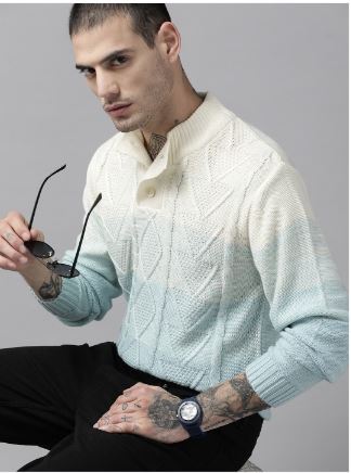 The Lifestyle Co. Men Blue & Cream-Coloured Cable Knit Pullover