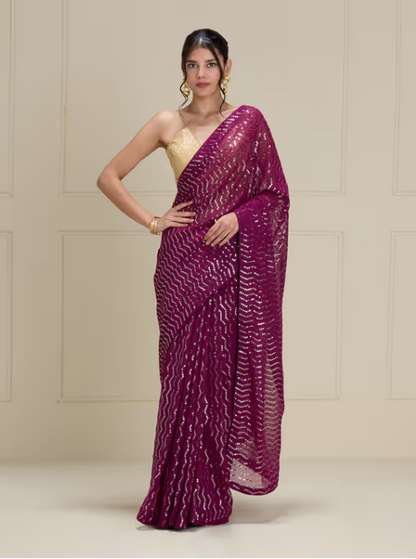 Purple Georgette Embellished and Beads Stone Party Wear Saree with Unstitched Blouse