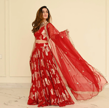 RED JACQUARD LEHENGA SET