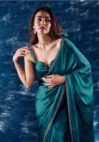 Turquoise Blue Stonework Satin Designer Saree