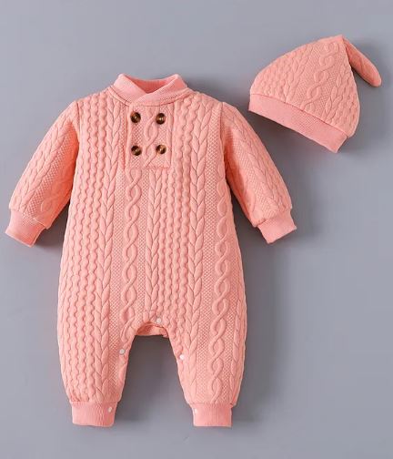 infant Kookie Kids Full Sleeves Winter Romper with Cable Knit Design & Cap