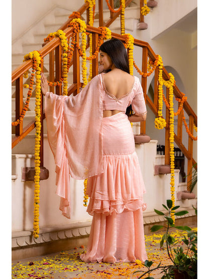 Creamy Peach Ruffle Saree with Stitched Blouse