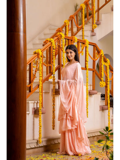 Creamy Peach Ruffle Saree with Stitched Blouse