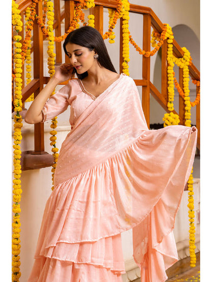 Creamy Peach Ruffle Saree with Stitched Blouse