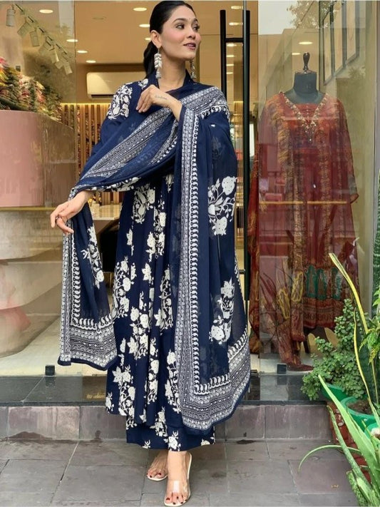 Floral Printed Mirror Work V-Neck A-Line Kurta With Palazzos And Dupatta