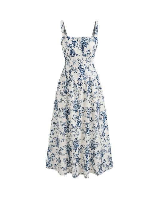 Square Neck Floral Corset Lace Up Midi Dress