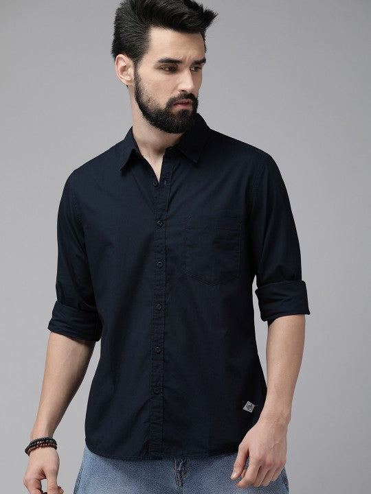 Men Navy Blue Pure Cotton Solid Classic Casual Shirt