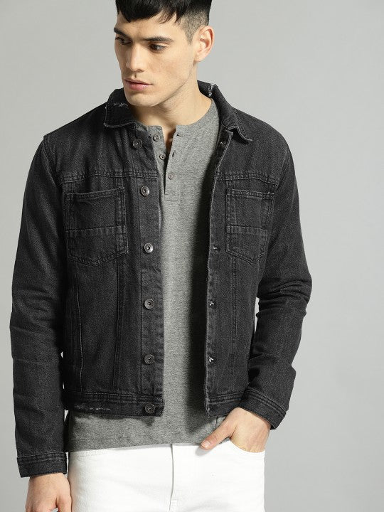 Men Black Solid Denim Jacket